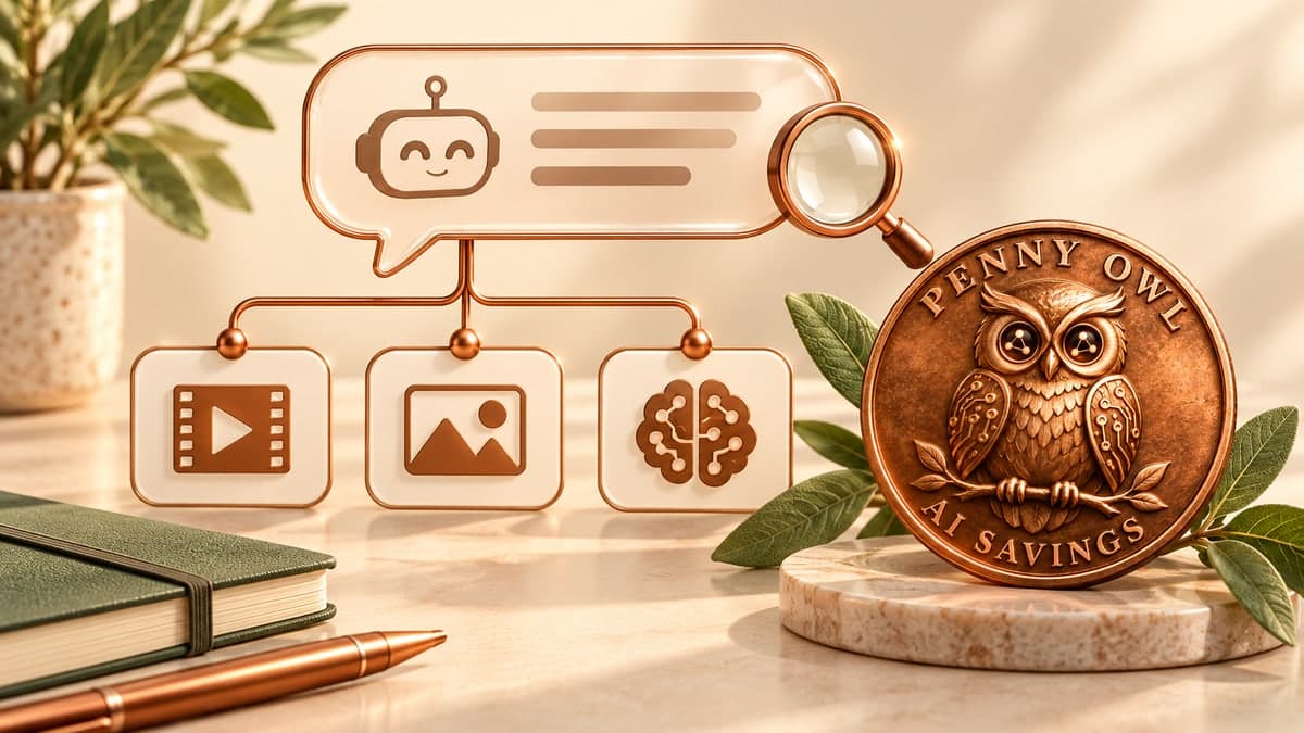 A chat bubble connects to video, image and Brain cards beside a watchful Penny Owl copper coin.