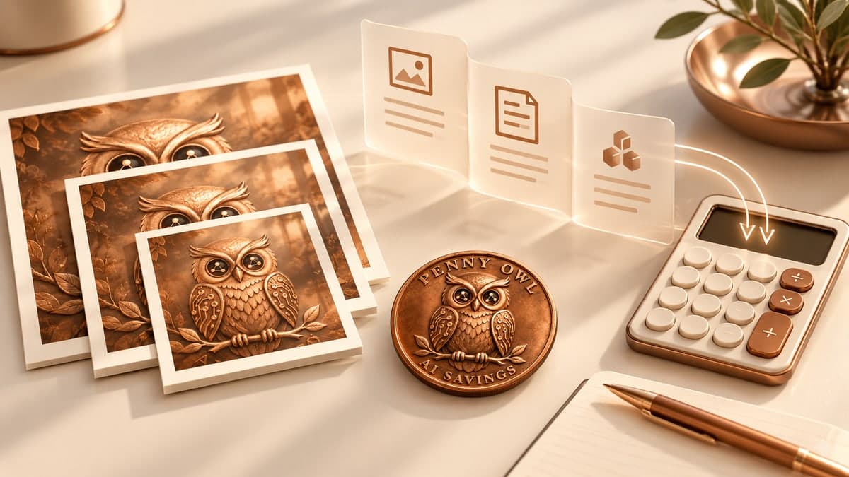 Three sizes of art prints, text blocks, a calculator and the Penny Owl coin represent image and token budgets.
