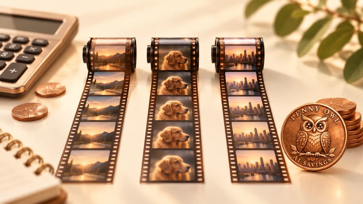Equal-length film strips, a calculator and Penny Owl's copper coin illustrate comparing video costs fairly.
